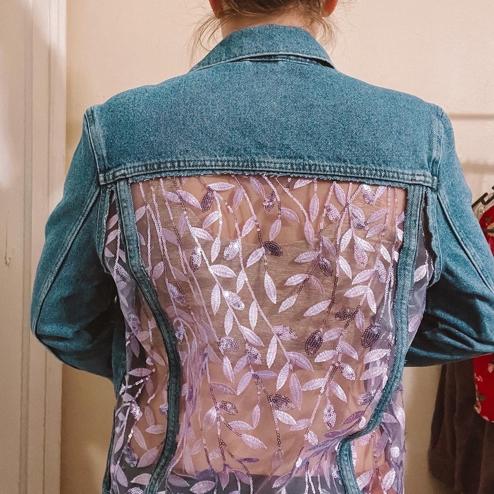 H&M DIY Purple Sequin Vines Lace Denim Jacket